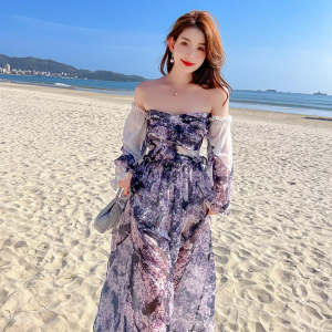 PS49548# 新款仙女沙滩度假一字肩长款开叉紫色印花抹胸连衣裙 服装批发女装直播货源