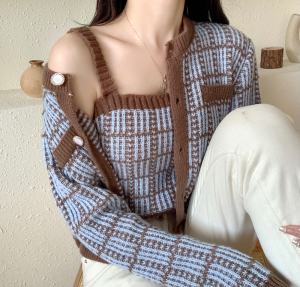 KM29193#新款韩版甜美小香风格纹长袖+高腰吊带针织衫毛衣两件套