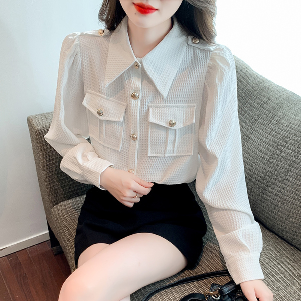 KM22123#韩版设计感时尚优雅显瘦气质长袖翻领衬衣女