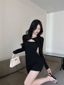 High elastic cotton fake two hollow out long sleeve buttock wrap dresses