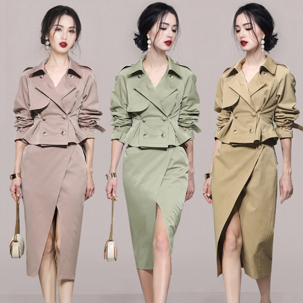 KM22505#韩版双排扣风衣外套 修身半裙收腰显瘦两件套女