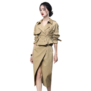 KM22505#韩版双排扣风衣外套 修身半裙收腰显瘦两件套女