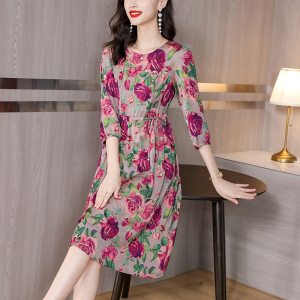 RM8376#连衣裙2023年新款韩版遮肚子显瘦气质减龄时尚印花中长款裙子