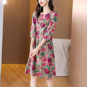 RM8376#连衣裙2023年新款韩版遮肚子显瘦气质减龄时尚印花中长款裙子