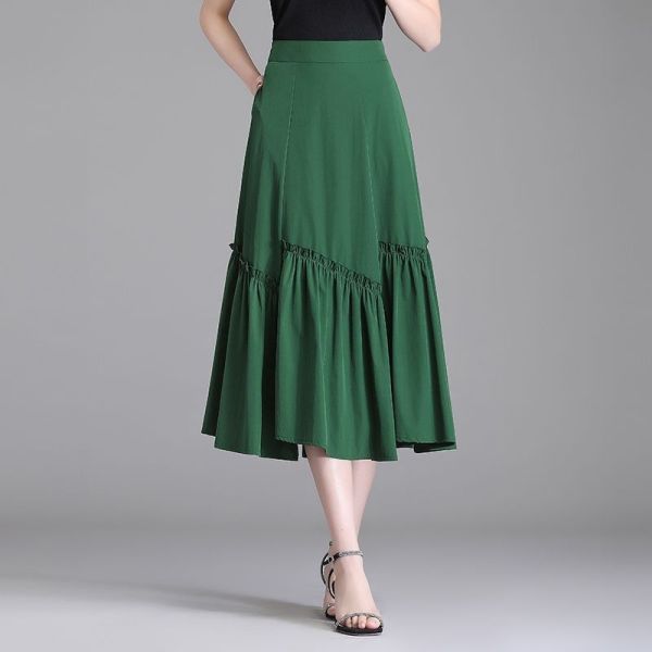 KM22071#绿色雪纺半身裙女装夏季2022年新款气质洋气高腰妈妈裙子