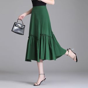 KM22071#绿色雪纺半身裙女装夏季2022年新款气质洋气高腰妈妈裙子