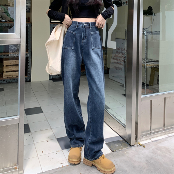 KM22215#秋季新款设计感高腰大口袋洗水蓝直筒牛仔裤