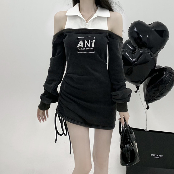 KM21843#大码美式设计感小众假两件露肩刺绣抽绳长袖卫衣连衣裙