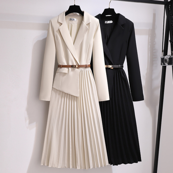 KM24707#新款西装外套高级感气质轻熟风假两件长袖百褶连衣裙