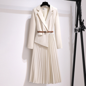 KM24707#新款西装外套高级感气质轻熟风假两件长袖百褶连衣裙