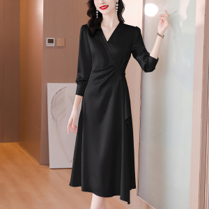 KM22247#新款长袖连衣裙高端气质醋酸缎面法式高级设计感小众裙子