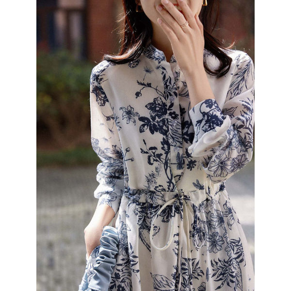 KM22073#优雅国风“青花瓷”系带收腰 时尚洋气立领长袖连衣裙