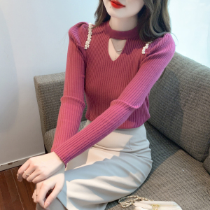 KM22162#韩版镂空特色款珍珠纯色修身打底衫针织衫上衣