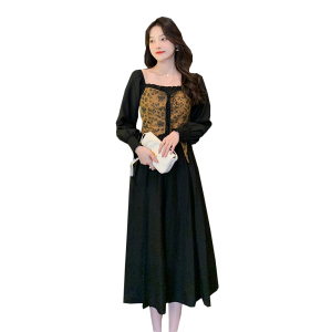KM24036#秋季新款方领假两件拼接绑带设计感连衣裙显瘦百搭