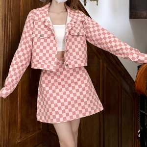 PS53883# 时尚甜酷棋盘格两件套秋季新款长袖半裙减龄时尚套装女 服装批发女装直播货源