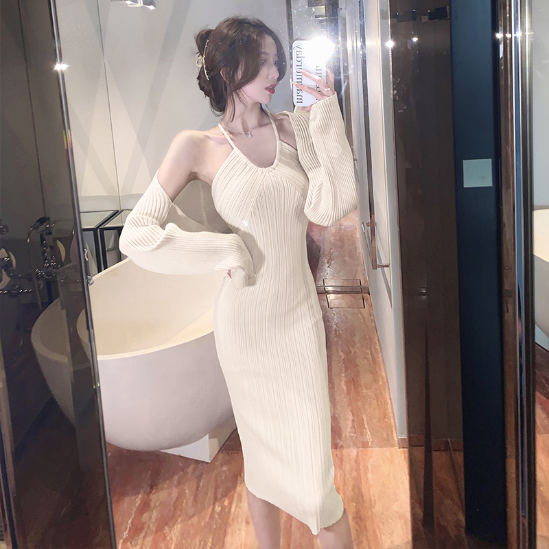 實拍復古女人味針織套裝連衣裙女秋冬吊帶裙開衫毛衣氣質兩件套
