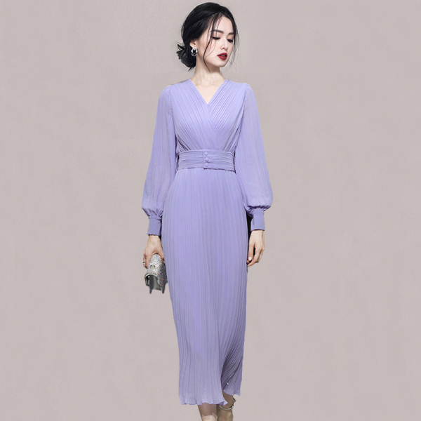 MY3641#秋季女装新款气质法式紫色灯笼袖收腰显瘦雪纺长连衣裙