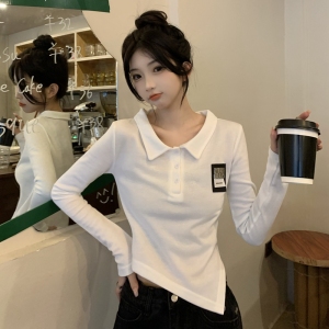 PS51041# 新款韩版设计感小众百搭不规则polo领短款长袖上衣女 服装批发女装直播货源