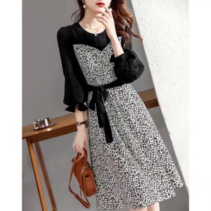 RM5674#新款春季宽松裙子长袖韩版拼接系带连衣裙