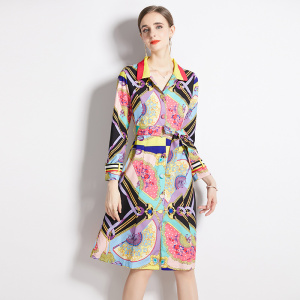 RM5521#新款欧美风时尚定位印花风衣女长袖中长款细带修身外套