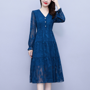 RM22191#女装新款雪纺提花孔雀蓝拼接大码女装长袖修身百褶连衣裙