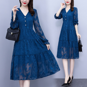 RM22191#女装新款雪纺提花孔雀蓝拼接大码女装长袖修身百褶连衣裙