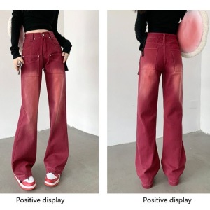 PS57744# 美式复古vibe风酒红色直筒牛仔裤女设计感高腰宽松显瘦阔腿拖地裤
