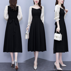 KM25131#新款法式方领赫本风小黑裙小众设计感短袖长款连衣裙女