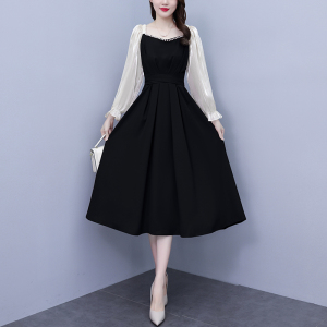 KM25131#新款法式方领赫本风小黑裙小众设计感短袖长款连衣裙女