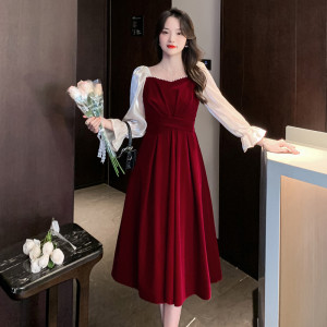 KM24236#新秋冬季丝绒长袖酒红色回门服晚礼服裙简单大气冬连衣裙