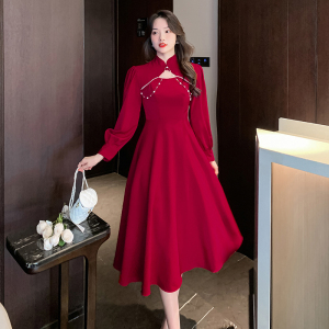 RM607#酒红色新娘敬酒服女长袖改良旗袍订婚小个子晚礼服裙秋冬季中长款