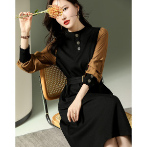 KM22651#休闲韩版设计感修身显瘦气质拼接连衣裙收腰中长裙