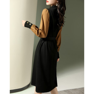 KM22651#休闲韩版设计感修身显瘦气质拼接连衣裙收腰中长裙