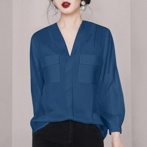 KM27303#新款法式高级感条纹衬衫女蓝色V领宽松衬衣潮