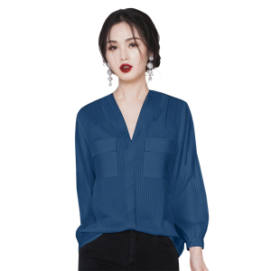 KM27303#新款法式高级感条纹衬衫女蓝色V领宽松衬衣潮