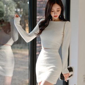 PS50380# 韩版秋新款圆领长袖短针织上衣小衫+包臀短裙 服装批发女装直播货源