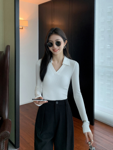 PS55105# 黑色v领polo针织t恤女新款韩版长袖修身显瘦打底衫上衣