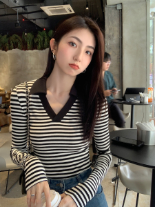 PS55105# 黑色v领polo针织t恤女新款韩版长袖修身显瘦打底衫上衣