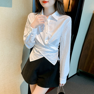 PS50144# 秋季新款法式交叉绑带提花设计感白色长袖衬衣女 服装批发女装直播货源