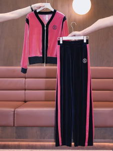 PS50106# 秋季新款时尚丝绒两件套撞色运动休闲开衫阔腿裤套装 服装批发女装直播货源