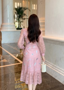 PS63818# 秋季长袖重工刺绣粉色中长款连衣裙 服装批发女装服饰货源