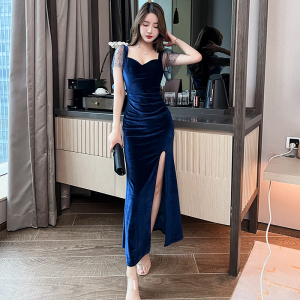 Velvet long dress bright silk style backless dress