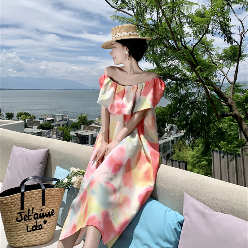 7833實拍韓版寬松花色暈染露背長裙夏季新款設計感飛飛袖連衣裙女