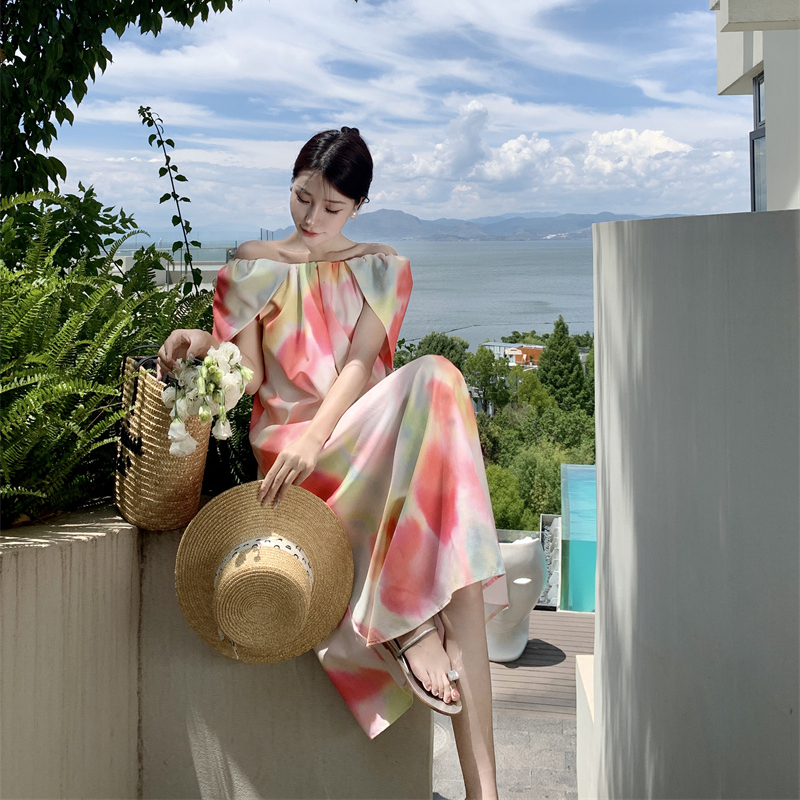 7833實拍韓版寬松花色暈染露背長裙夏季新款設計感飛飛袖連衣裙女