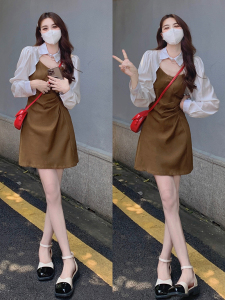 PS50305# 韩版新款吊带修身显瘦褶皱连衣裙+翻领设计感长袖罩衫 服装批发女装直播货源