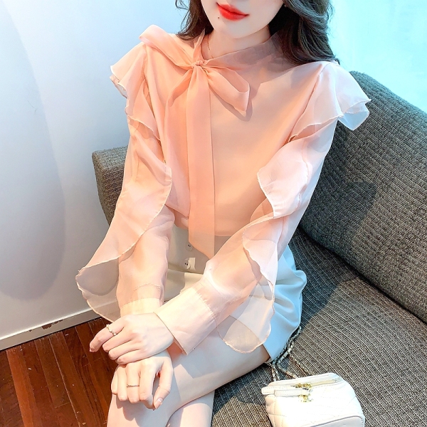 RM417#雪纺衬衫女2023春季新款女装系带荷叶边薄款法式温柔风衬衣