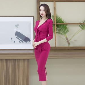PS50385# 韩版新款修身v领包臀针织中长系带显瘦连衣裙 服装批发女装直播货源