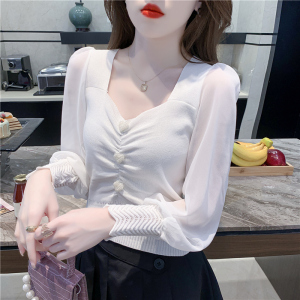 KM22705#V领漏锁骨珍珠桃心针织上衣2020秋季新款韩版设计感短款上衣