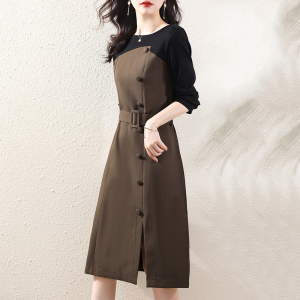 KM26462#新款韩版时尚气质假两件不规则撞色拼接收腰女连衣裙