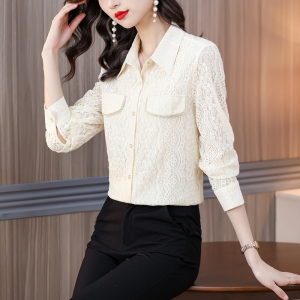 KM22499#秋季新款法式蕾丝印花长袖衬衫女时尚白色宽松翻领上衣